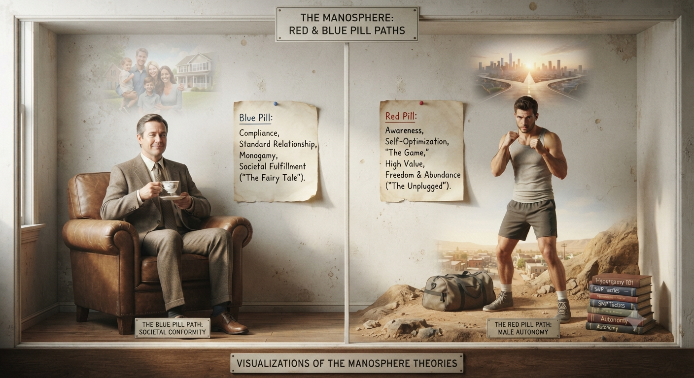 Illustrated diagram comparing the manosphere's blue pill path, labelled societal conformity, with the red pill path, labelled male autonomy.