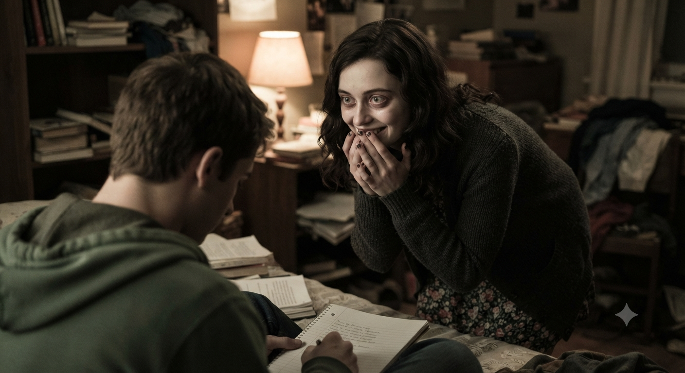 A still from Obsession showing Bear studying in his room while a smiling, possessed Nikki leans over him with her hand covering her mouth.